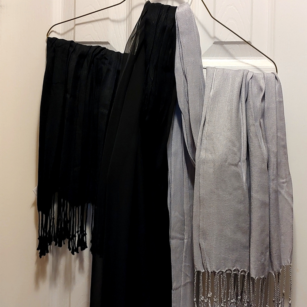 Set of three scarves one black solid one black sheer and one light gray